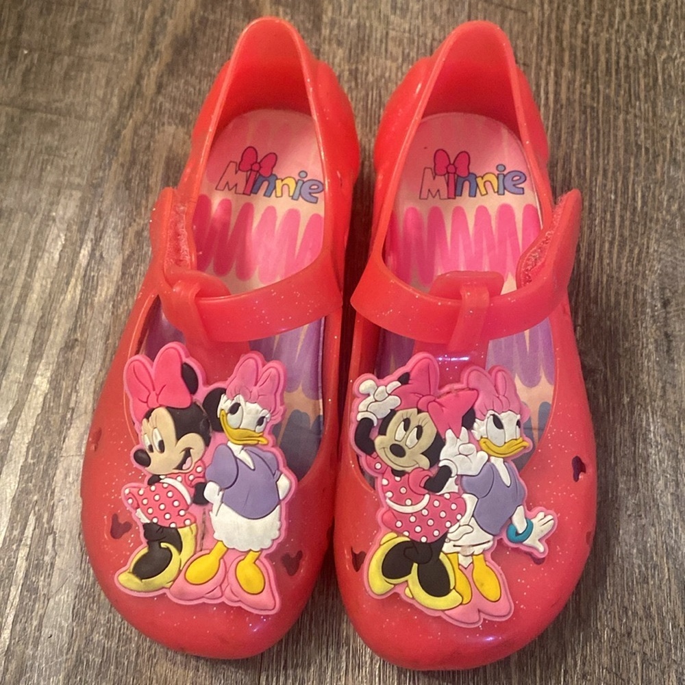 Toddler Girls Pink Glitter Minnie Mouse and Daisy Jelly Shoes Size 9